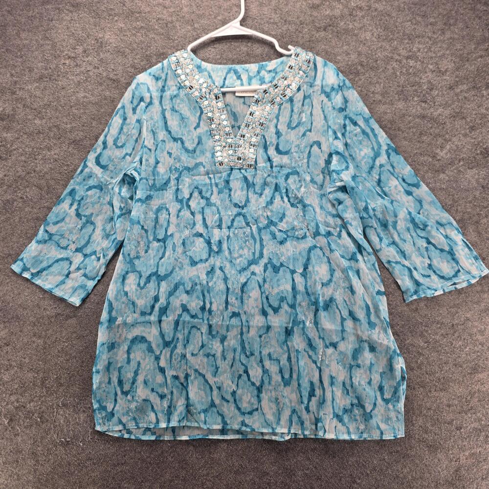 Chico's Blouse Tunic Womens 1 Blue Animal Print Beaded Sequin V-Neck 3/4 Sleeve